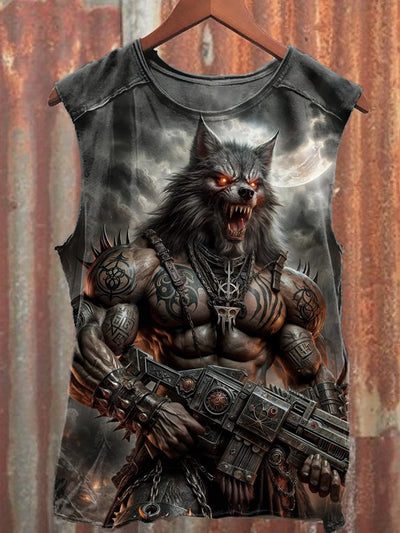 Unisex Wolf Warrior Art Illustration Printed Casual Cotton Tank Top