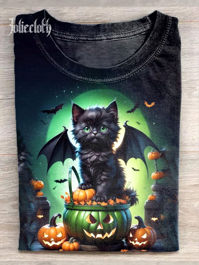 Unisex Halloween Bat Cat Art Illustration Printed Casual Cotton Crew Neck T-Shirt