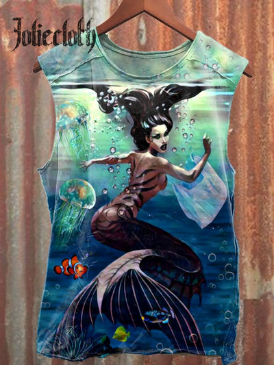 Unisex Underwater World Mermaid Art Illustration Printed Casual Cotton Tank Top