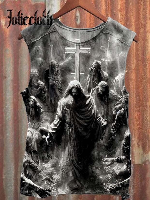 Unisex Dark Thriller Gothic Jesus Art Illustration Printed Casual Cotton Tank Top