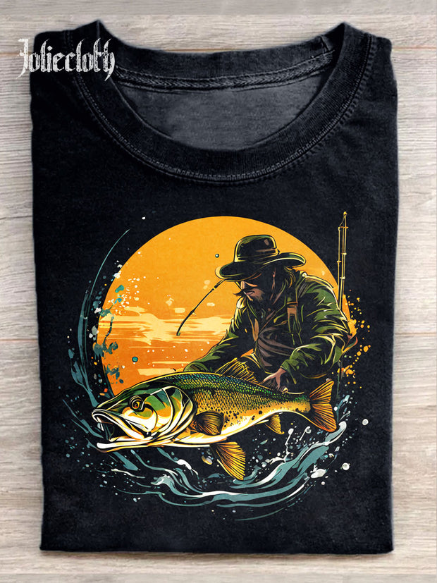 Unisex Fishing Enthusiasts Art Illustration Print Casual Cotton Round Neck T-Shirt