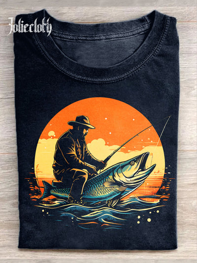 Unisex Fishing Enthusiasts Art Illustration Print Casual Cotton Round Neck T-Shirt