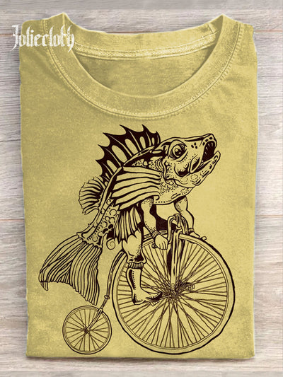 Unisex Funny Fish Art Illustration Printed Casual Cotton Crew Neck T-Shirt