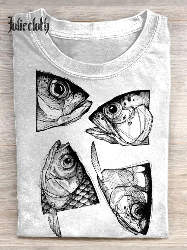 Unisex Retro Fish Art Illustration Printed Casual Cotton Crew Neck T-Shirt