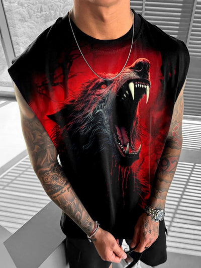 Men's Halloween Dark Bloody Wolf Art Illustration Print Casual Cotton Tank Top