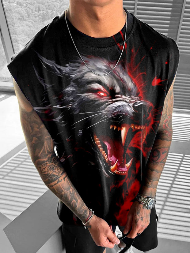 Men's Halloween Dark Bloody Wolf Art Illustration Print Casual Cotton Tank Top