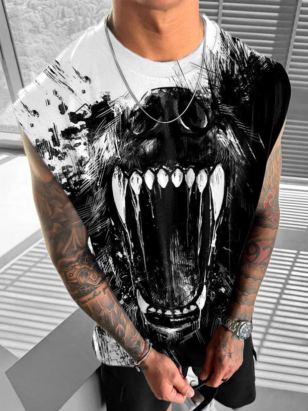 Men's Halloween Dark Bloody Wolf Art Illustration Print Casual Cotton Tank Top