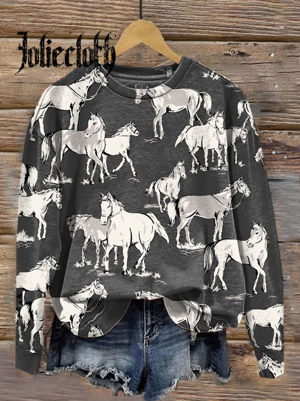 Unisex Retro Western Cowboy Bronco Art Illustration Printed Casual Crew Neck Sweatshirt