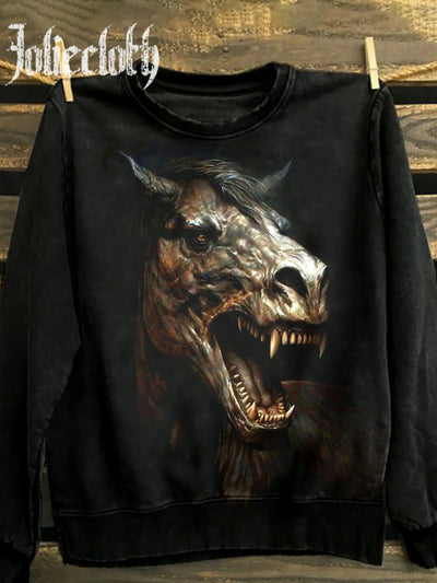 Unisex Gothic Horse Art Illustration Print Casual Round Neck Sweatshirt