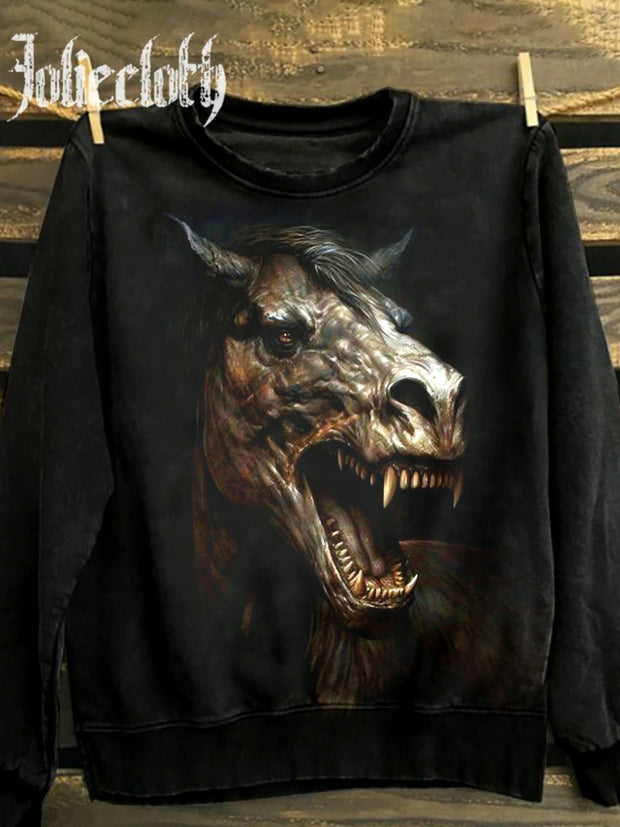 Unisex Gothic Horse Art Illustration Print Casual Round Neck Sweatshirt