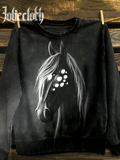 Unisex Gothic Horse Art Illustration Print Casual Round Neck Sweatshirt