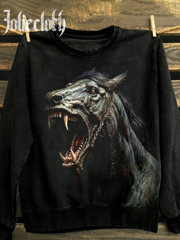 Unisex Gothic Horse Art Illustration Print Casual Round Neck Sweatshirt