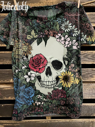 Unisex Floral Skull Art Illustration Print Casual Cotton Round Neck T-Shirt