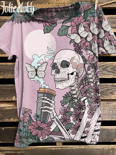 Unisex Floral Skull Art Illustration Print Casual Cotton Round Neck T-Shirt