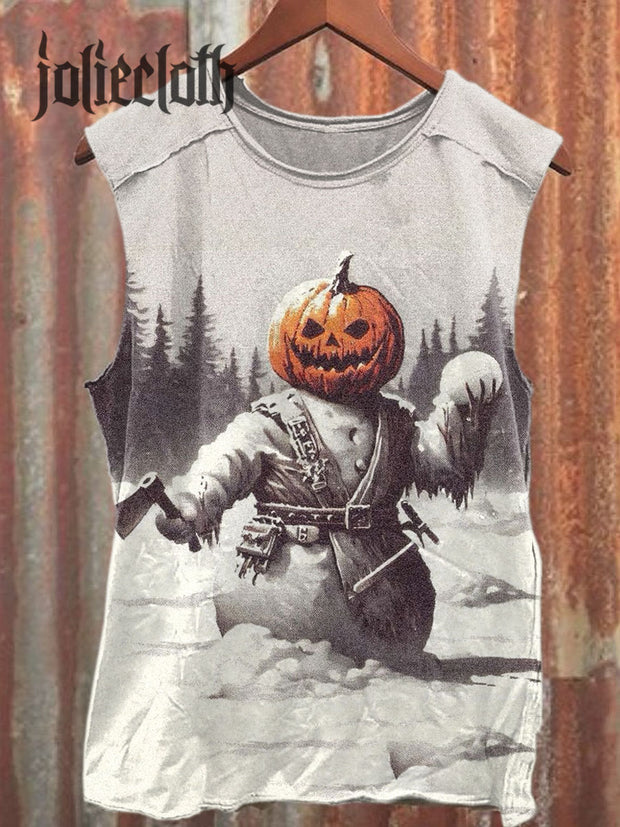 Unisex Scary Pumpkin Snowman Art Illustration Printed Casual Cotton Tank Top