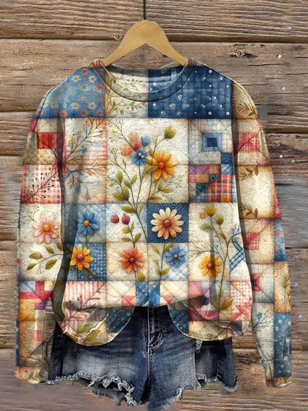 Women's Autumn Floral Collage Art Illustration Print Casual Round Neck Sweatshirt