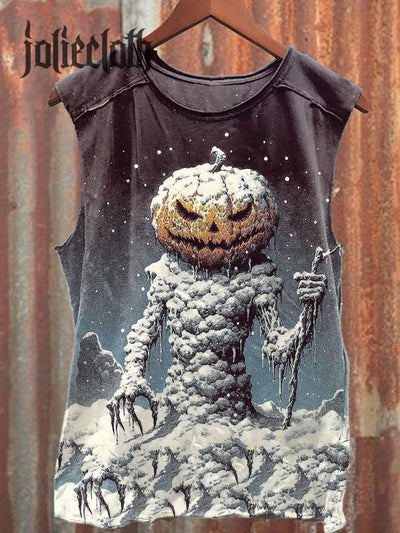 Unisex Scary Pumpkin Snowman Art Illustration Printed Casual Cotton Tank Top