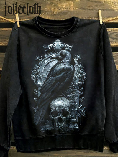 Unisex Gothic Crow Art Illustration Printed Casual Crewneck Sweatshirt