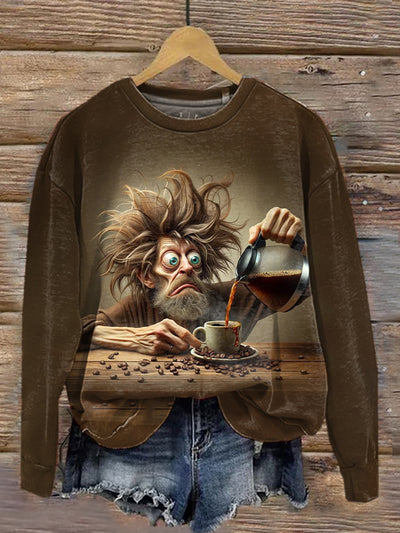 Unisex Funny Old Man Art Illustration Printed Casual Round Neck Sweatshirt