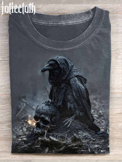 Unisex Gothic Crow Art Illustration Printed Casual Cotton Crew Neck T-Shirt