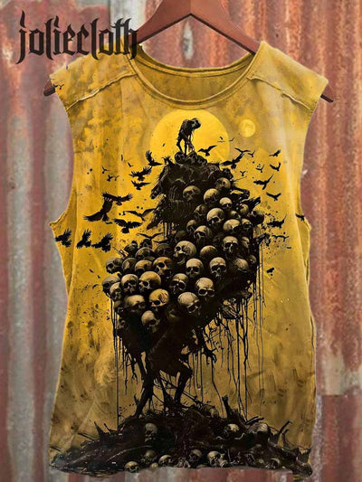 Unisex Skull Crow Art Illustration Printed Casual Cotton Tank Top