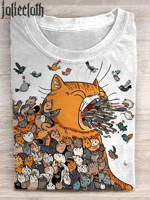 Unisex Funny Cat Art Illustration Printed Casual Cotton Crew Neck T-Shirt