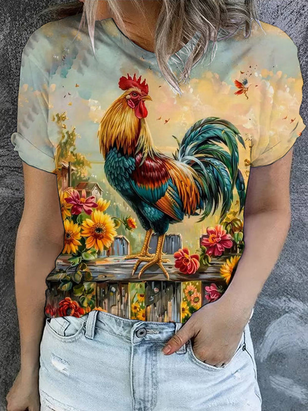 Women's Retro Floral Chicken Art Illustration Print Casual Round Neck T-Shirt