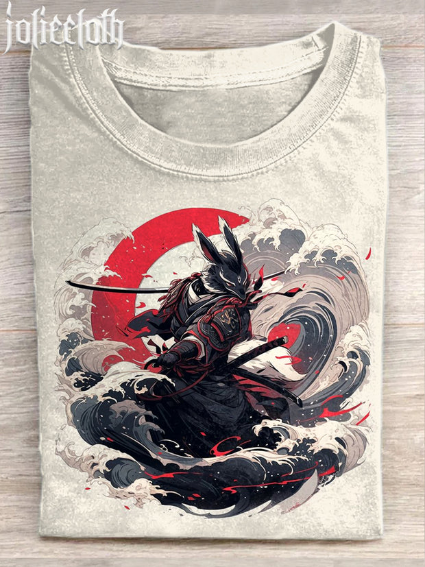 Unisex Wavy Samurai Rabbit Art Illustration Print Casual Cotton Crew Neck T-Shirt