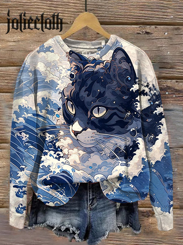 Unisex Wave And Cat Art Illustration Print Casual Crewneck Sweatshirt