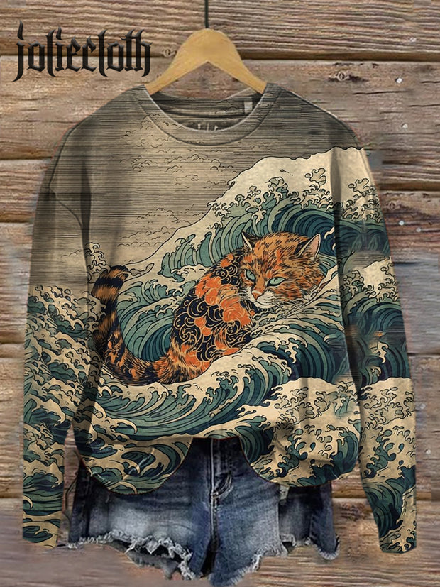 Unisex Wave and Cat Art Illustration Print Casual Crewneck Sweatshirt