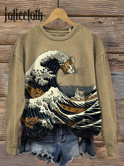 Unisex Wave And Cat Art Illustration Print Casual Crewneck Sweatshirt