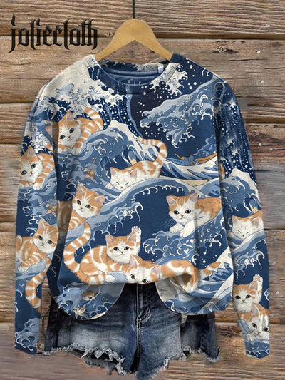 Unisex Wave And Cat Art Illustration Print Casual Crewneck Sweatshirt