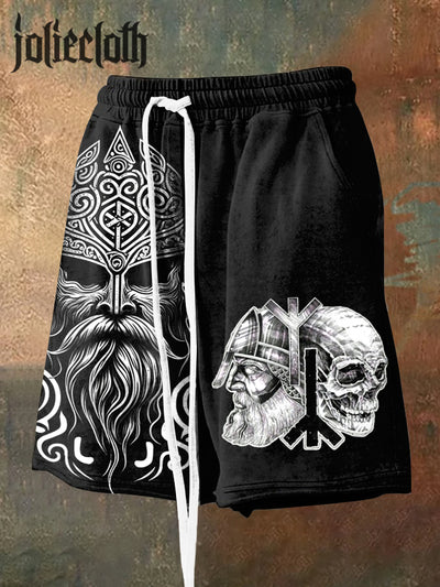 Men's Retro Viking Art Illustration Printed Casual Sports Shorts