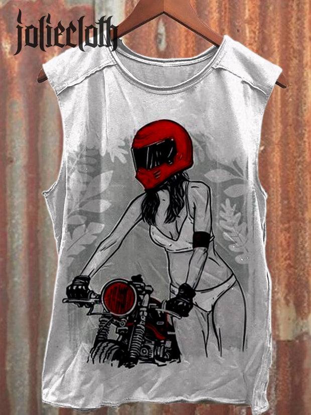 Unisex Women Motorcycle Rider Art Illustration Printed Casual Cotton Vest