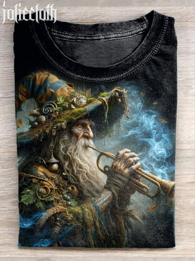 Unisex Wizard Plays Song of Nature Illustration Printed Cotton Round Neck T-Shirt