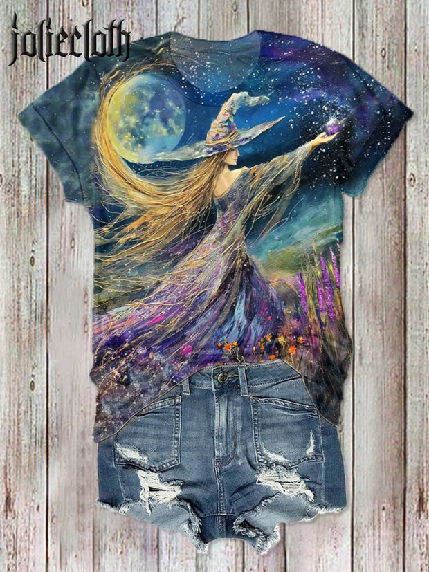 Women's Halloween Colorful Witch Illustration Printed Casual Cotton T-shirt