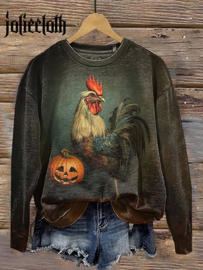 Unisex Halloween Funny Rooster Art Illustration Printed Casual Crew Neck Sweatshirt