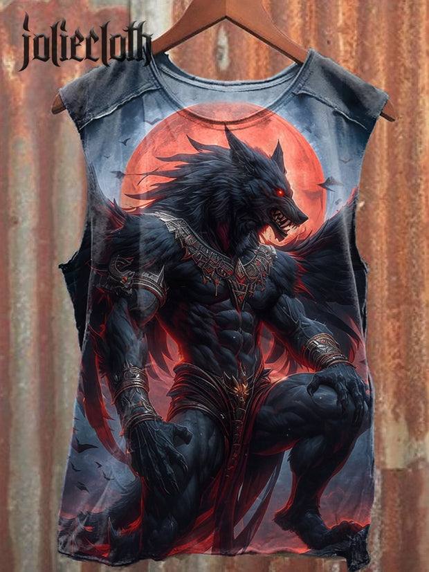 Unisex Wolf Warrior Art Illustration Printed Casual Cotton Tank Top