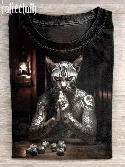 Unisex Tattoo Cat Art Illustration Printed Casual Cotton Crew Neck T-Shirt