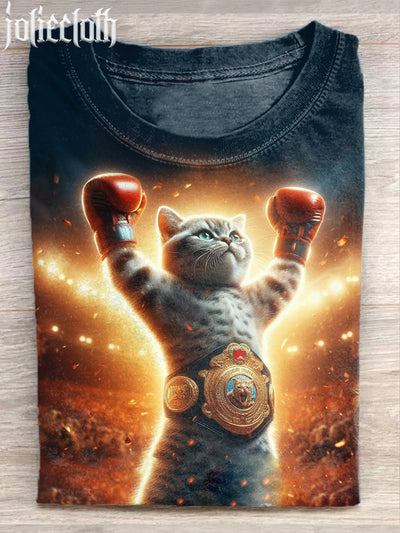 Unisex Boxing Cat Art Illustration Printed Casual Cotton Crew Neck T-Shirt