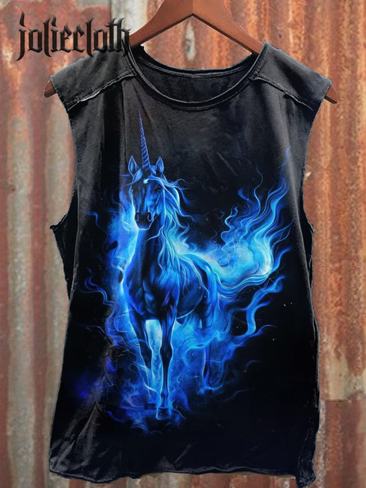 Unisex Flame Unicorn Art Illustration Printed Casual Cotton Tank Top