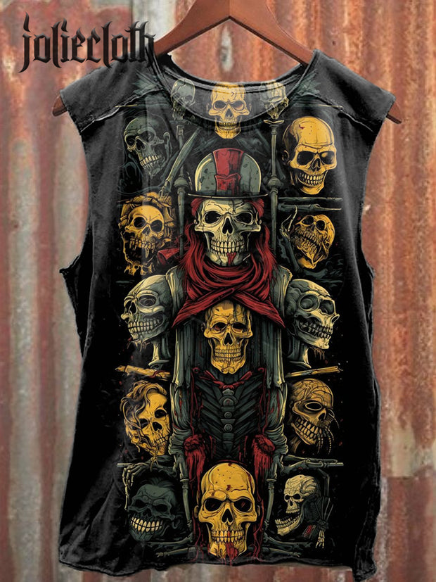 Unisex Skeleton Soldier Illustration Printed Casual Cotton Tank Top