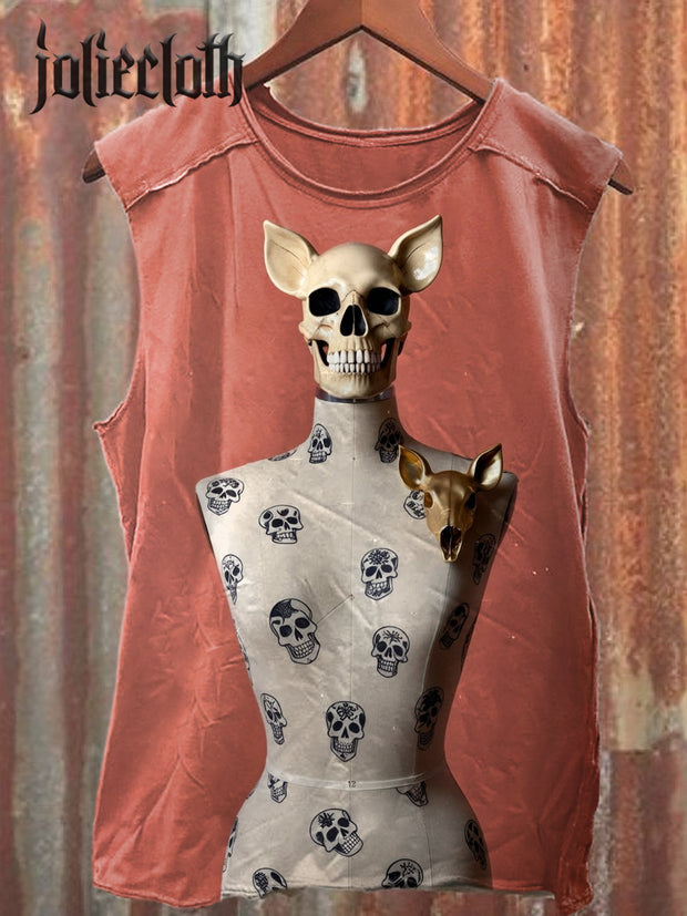 Unisex Model Skull Illustration Printed Casual Cotton Tank Top