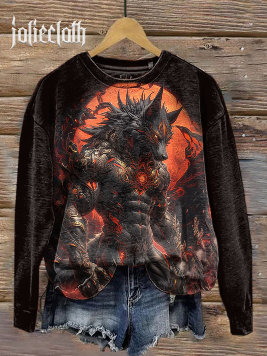Unisex Wolf Warrior Art Illustration Printed Casual Crewneck Sweatshirt