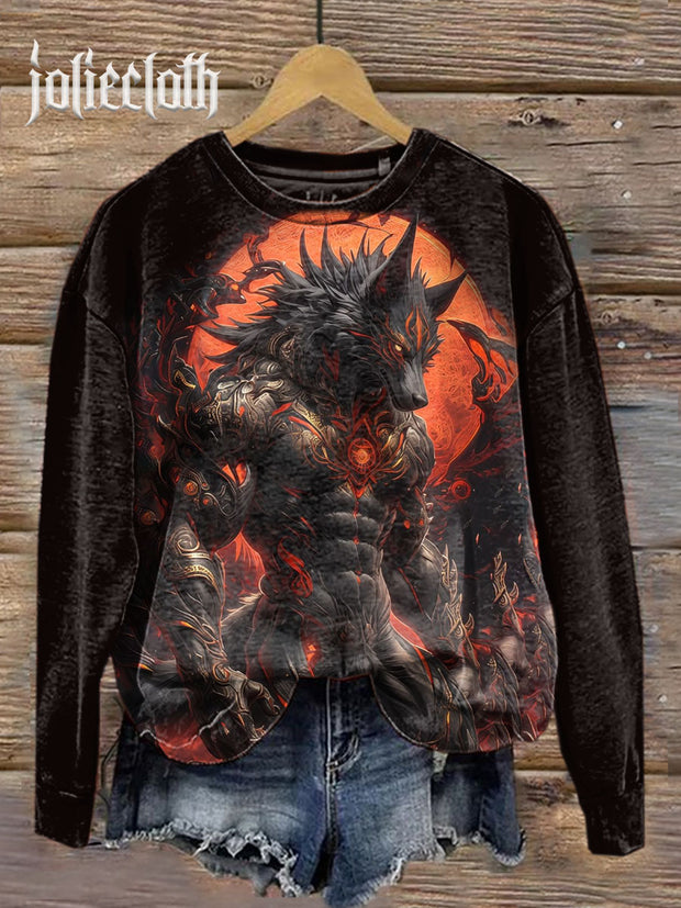 Unisex Wolf Warrior Art Illustration Printed Casual Crewneck Sweatshirt