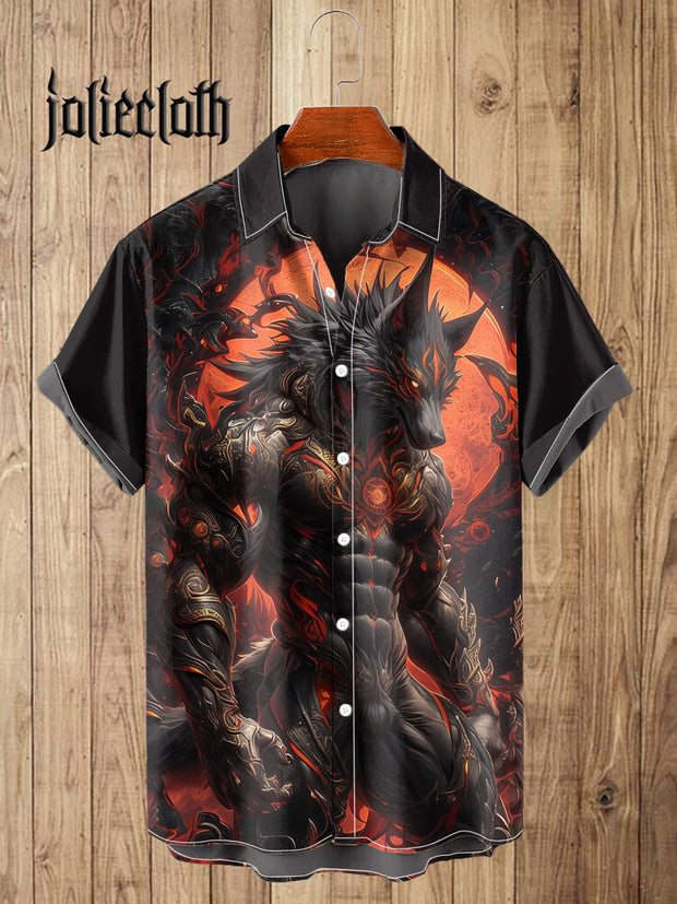 Men's Wolf Warrior Illustration Printed Casual Shirt