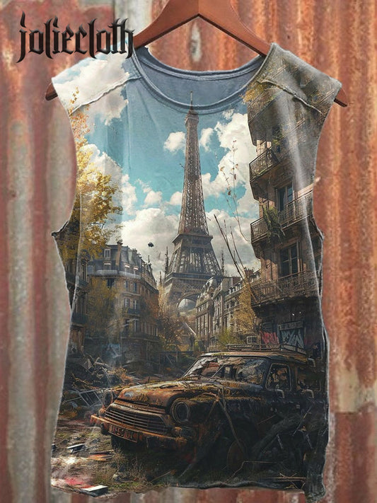 Unisex Vintage Eiffel Tower Illustration Printed Casual Cotton Tank Top