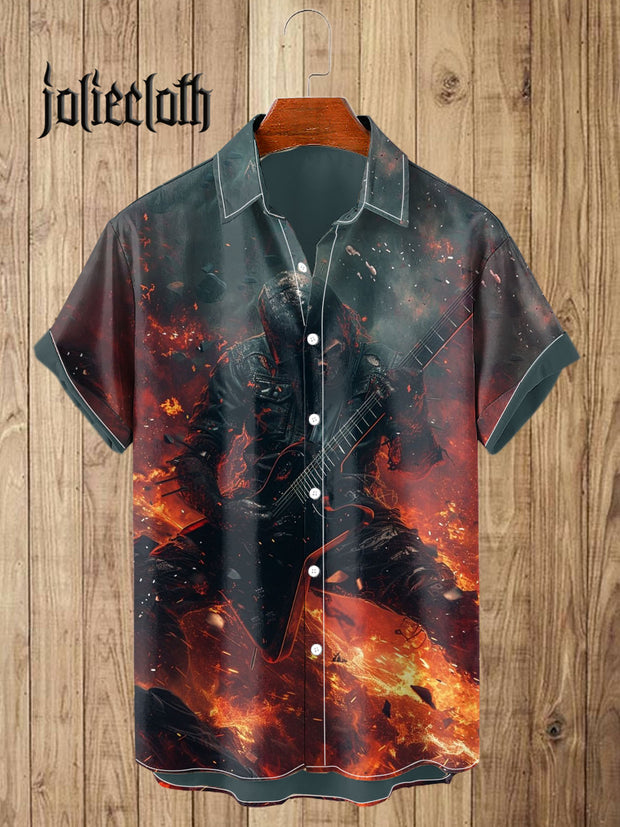 Men's Punk Guitar Illustration Printed Casual Shirt