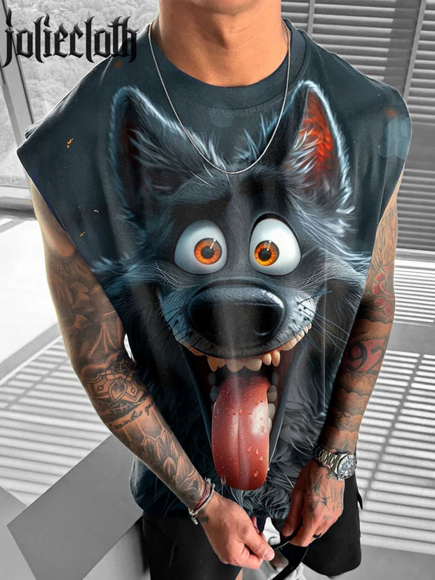 Unisex Fierce Wolf Art Illustration Printed Casual Cotton Tank Top