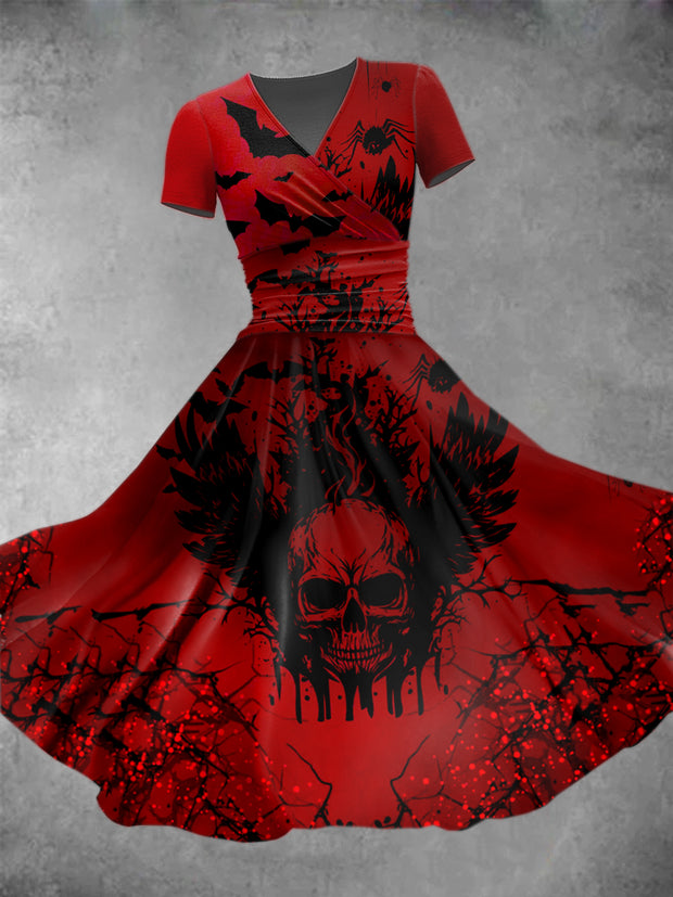 Women's Horror Skull Print Casual Short Sleeve V Neck Dress